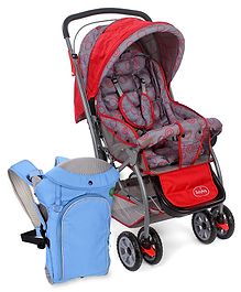 Babyhug Cosy Cosmo Stroller - Bright Red AND Babyhug Comfort Nest 3 Way Baby Carrier - Sky Blue