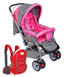 Babyhug Cuddle Up 3 Way Baby Carrier - Red And Babyhug Cosy Cosmo Stroller - Blush Pink