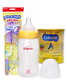 Combo pack of Enfamil A With DHA Stage 1 Infant Formula , Pigeon Plastic Feeding Bottle With Medium Flow Teat & Pigeon Brush For Bottle And Nipple (Color May Vary)