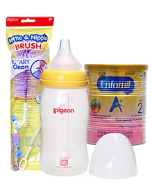 Combo Pack of Enfamil A With DHA Stage 2 Follow Up Formula  , Pigeon Feeding Bottle With Medium Flow Teat Yellow & Pigeon Brush For Bottle And Nipple (Color May Vary)