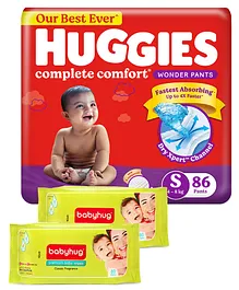 Huggies Wonder Pants Small Pant Style Diapers - 86 Pieces & Babyhug Premium Baby Wipes - 80 Pieces (Pack of 2)