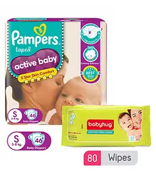 Pampers Active Baby Diapers Small - 46 Pieces &  Babyhug Premium Baby Wipes - 80 Pieces
