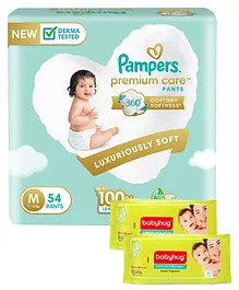 Pampers Premium Care Pant Style Diapers Medium - 54 Pieces & Babyhug Premium Baby Wipes - 80 Pieces (Pack of 2)