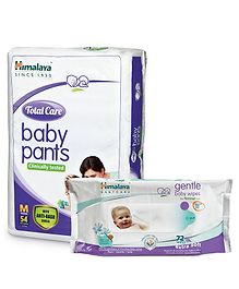 Himalaya Herbal Total Care Baby Pants Style Diapers Medium - 54 Pieces & Gentle Baby Wipes - 72 Pieces