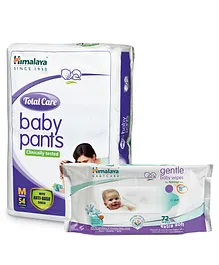 Himalaya Herbal Total Care Baby Pants Style Diapers Medium - 54 Pieces & Gentle Baby Wipes - 72 Pieces