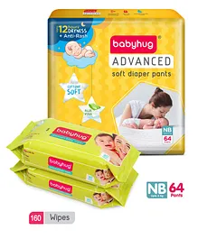 Babyhug Advanced Pant Style Diapers New Born - 64 Pieces & 2 Packs of Babyhug Premium 98% Water Baby Wet Wipes - 80 Pieces