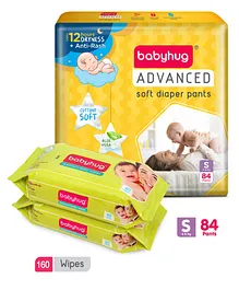 Babyhug Advanced Pant Style Diapers Small - 84 Pieces & 2 Packs of Babyhug Premium 98% Water Baby Wet Wipes - 80 Pieces