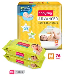 Babyhug Advanced Pant Style Diapers Medium - 76 Pieces & 2 Packs of Babyhug Premium 98% Water Baby Wet Wipes - 80 Pieces