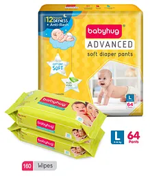 Babyhug Advanced Pant Style Diapers Large - 64 Pieces & 2 Packs of Babyhug Premium 98% Water Baby Wet Wipes - 80 Pieces