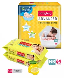 Babyhug Advanced Pant Style Diapers New Born - 64 Pieces & 2 Packs Of Babyhug Premium Baby Lemon Wipes - 72 Pieces