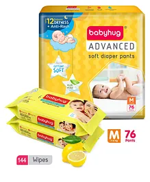 Babyhug Advanced Pant Style Diapers Medium - 76 Pieces & 2 Packs Of Babyhug Premium Baby Lemon Wipes - 72 Pieces