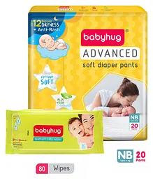 Babyhug Advanced Pant Style Diapers New Born - 20 Pieces & Babyhug Premium 98% Water Baby Wet Wipes - 80 Pieces