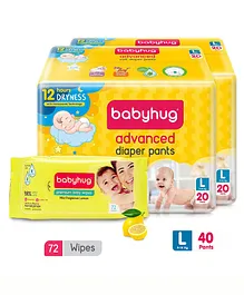 Babyhug Advanced Pant Style Diapers Large - 20 Pieces Pack of 2 with Babyhug Premium Baby Lemon Wipes - 72 Pieces