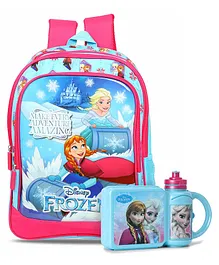 Disney Frozen Backpack Blue & Pink - 14 Inches & Disney Frozen Lunch Box With Water Bottle - Blue