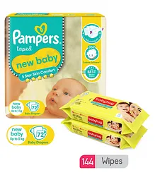 Pampers Active Baby Diapers New Born - 72 Pieces & Babyhug Premium Baby Lemon Wipes - 72 Pieces (Pack of 2 )