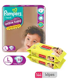 Pampers Active Baby Diapers Large - 78 Pieces & Babyhug Premium Baby Lemon Wipes - 72 Pieces (Pack of 2 )