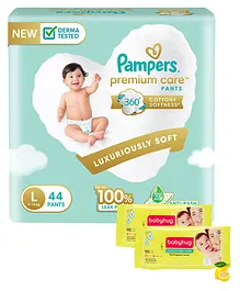 Pampers Premium Care Pant Style Diapers Large - 44 Pieces & Babyhug Premium Baby Lemon Wipes - 72 Pieces (Pack of 2 )