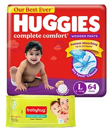 Huggies Wonder Pants Large Size Pant Style Diapers - 64 Pieces & Babyhug Premium baby lemon wipes 72 Pieces