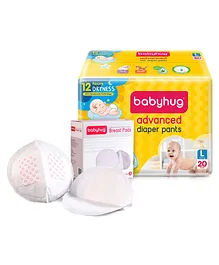 Babyhug 3D Contoured Disposable Breast Pads - Pack of 36 & Pant Style Diapers Large Combo Pack