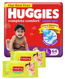Huggies Wonder Pants Large Size Pant Style Diapers - 64 Pieces 2 qty & Babyhug Premium Baby Wipes - 80 Pieces 2 Qty