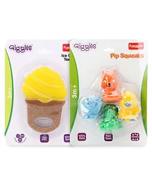 Giggles Funskool Ice Cream Teether - Yellow & Coffee Brown & Giggles Four Types Of Giggles Pip Squeaks - Multicolor