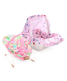 Babyhug Spring 5 in 1 Carry Cot Cum Rocker With Mosquito Net  AND Babyhug Comfy Bouncer With Music & Calming Vibrations Jungle Print  (Pink)