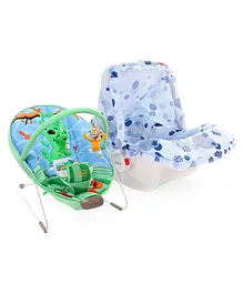 Babyhug Spring 5 in 1 Carry Cot Cum Rocker With Mosquito Net - Blue AND Babyhug Comfy Bouncer With Music & Calming Vibrations Animal Print - Blue Green