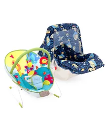 Babyhug Spring 5 in 1 Carry Cot Cum Rocker With Mosquito Net - Dark Blue AND Babyhug Comfy Bouncer With Music & Calming Vibrations Animal Print - Multicolour