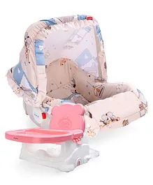 Babyhug Spring 5 in 1 Carry Cot Cum Rocker With Mosquito Net - Cream AND Babyhug Raise Me Up Baby Booster Seat With Adjustable Food Tray & 3 Point Safety Harness - Pink White