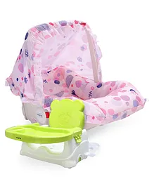 Babyhug Spring 5 in 1 Carry Cot Cum Rocker With Mosquito Net - Pink AND Babyhug Raise Me Up Baby Booster Seat With Adjustable Food Tray & 3 Point Safety Harness - Green White