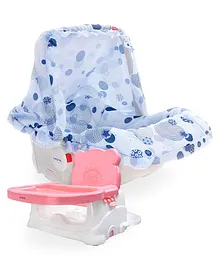 Babyhug Spring 5 in 1 Carry Cot Cum Rocker With Mosquito Net - Blue AND Babyhug Raise Me Up Baby Booster Seat With Adjustable Food Tray & 3 Point Safety Harness - Pink White