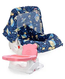 Babyhug Spring 5 in 1 Carry Cot Cum Rocker With Mosquito Net - Dark Blue AND Babyhug Raise Me Up Baby Booster Seat With Adjustable Food Tray & 3 Point Safety Harness - Pink White