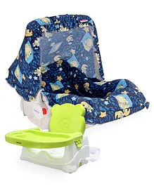 Babyhug Spring 5 in 1 Carry Cot Cum Rocker With Mosquito Net - Dark Blue AND Babyhug Raise Me Up Baby Booster Seat With Adjustable Food Tray & 3 Point Safety Harness - Green White