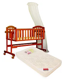 babyhug ionia wooden cradle with mosquito net  cherry and babyhug baby mattress floral print  off white