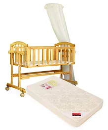 babyhug ionia wooden cradle with mosquito net  natural finish and babyhug baby mattress floral print  off white
