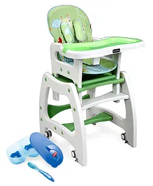 Babyhug Dolce Vita 3 in 1 High Chair With Caster Wheels & 5 Point Safety Harness - Green AND Babyhug Compartment Feeding Bowl With Lid & Spoon - Blue