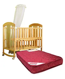 Babyhug Florence Wooden Cot Cum Rocker With Storage Space  - Natural Finish AND Babyhug Mattress - Maroon (Print May Vary)