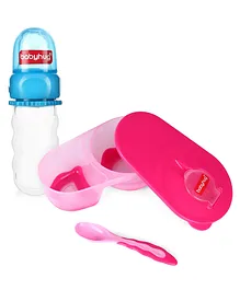 Babyhug Easy Squeezy Cereal Feeder Blue - 30 ml & Compartment Feeding Bowl With Lid & Spoon - Pink Combo Pack
