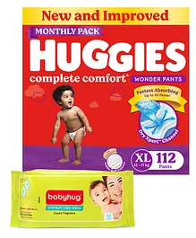 Huggies Wonder Pants Diaper Monthly Pack Extra Large Size - 112 Pieces & Babyhug Premium Baby Wipes - 80 Pieces