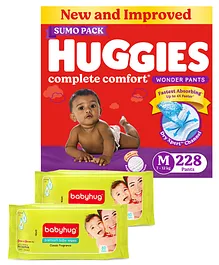 Huggies Wonder Pants Diapers Sumo Pack Medium Size - 228 Pieces & Babyhug Premium Baby Wipes - 80 Pieces (Pack of 2)