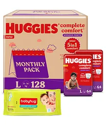 Huggies Wonder Pants Diaper Monthly Pack Large Size - 128 Pieces & Babyhug Premium Baby Wipes - 80 Pieces
