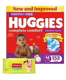 Huggies Wonder Pants Diaper Monthly Pack Medium Size - 152 Pieces & Babyhug Premium Baby Wipes - 80 Pieces