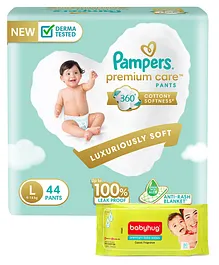 Pampers Premium Care Pant Style Diapers Large - 44 Pieces & Babyhug Premium Baby Wipes - 80 Pieces