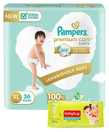 Pampers Premium Care Pant Style Diapers XL Size - 36 pieces & Babyhug Premium Baby Wipes - 80 Pieces