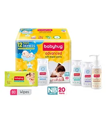 Babyhug Daily Skin & Hair Care Gift Set - 100 ml with Babyhug Diaper -NB 20 Pieces and Babyhug Classic Wipes - 80 Pieces