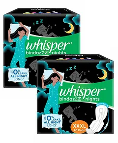 Whisper Bindazzz Night Thin XL+ Sanitary Pads for upto 0% Leaks-40% Longer  with Dry top sheet,44 Pad
