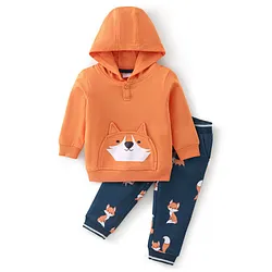 Babyhug Cotton Knit Full Sleeves Hoodie & Lounge Pant Set with Fox Applique  & Print - Orange & Blue Online in India, Buy at Best Price from