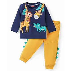 Babyhug 100% Cotton Knit Full Sleeves T-Shirt & Lounge Pant Set Giraffe  Print - Blue & Yellow Online in India, Buy at Best Price from