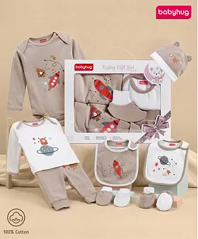 Babyhug Premium 100 % Cotton New Born Clothing Gift Set Astronauts Theme Brown - Pack of 8| Full Sleeve Set| Onesie| Cap Bibs Mitten & Booties| Essential Clothing for 0 to 6 months