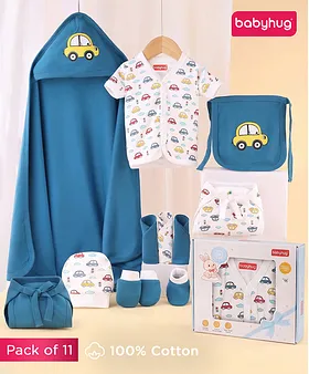 Babyhug Premium 100% Cotton Newborn Gift Set 11 Pcs Clothing Hamper Car Print - Blue| Jhabla, Bib, Wrapper, Mittens, Booties, 3 Wahs cloths & 2 Nappies| Gift Set for New Born Boys & Girls